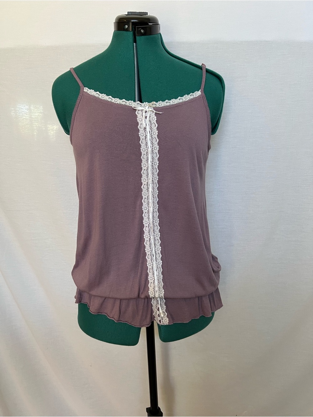 Lace-Trim Purple Camisole with Ruffled Hem